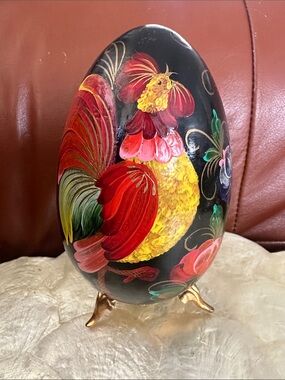 Hand-Painted Ukrainian Decorative Egg with Floral Rooster Design - Black & Red